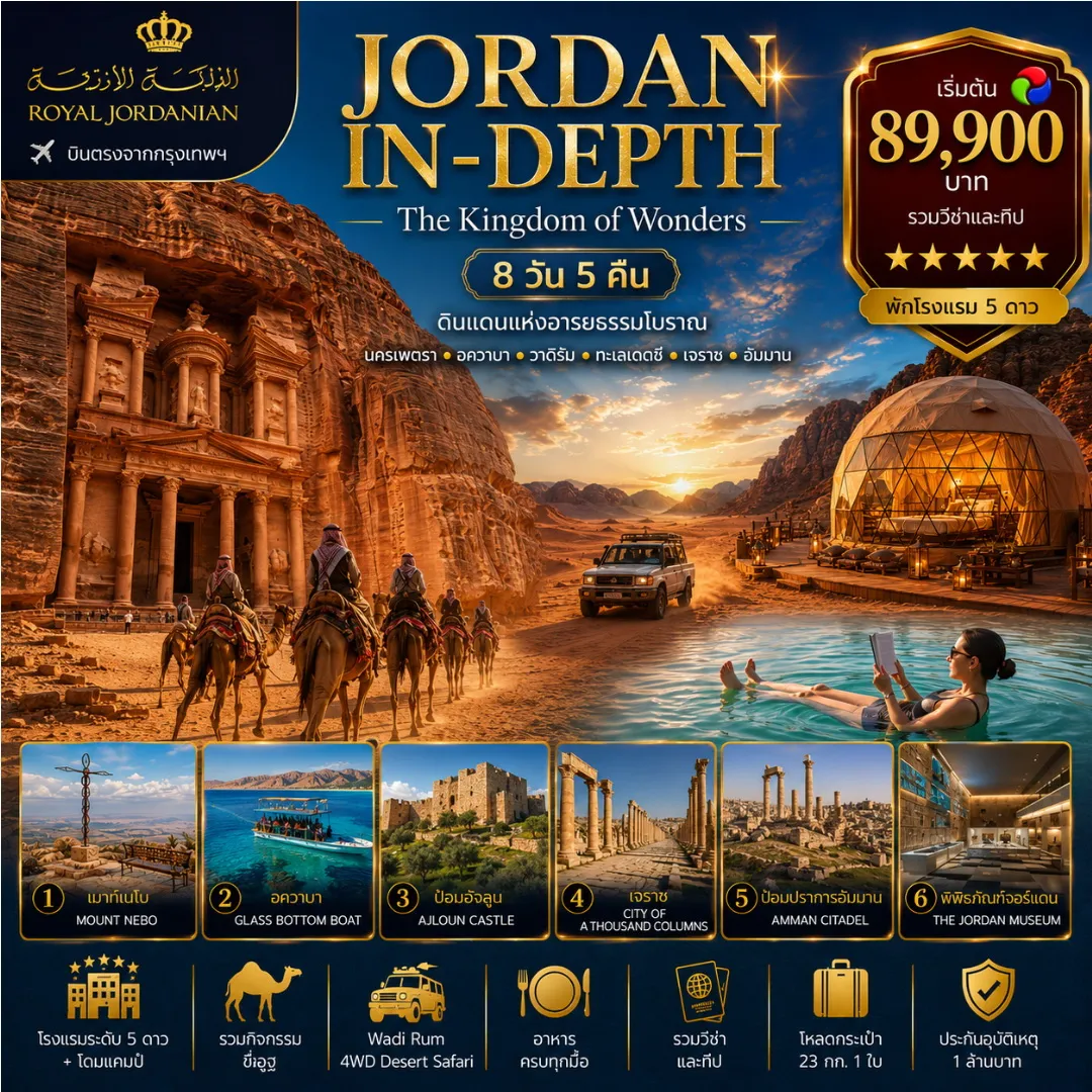 ทัวร์จอร์แดน JORDAN IN-DEPTH นครเพตรา อควาบา วาดิรัม ทะเลเดดซี เจราช อัมมาน 8วัน 5คืน (RJ)