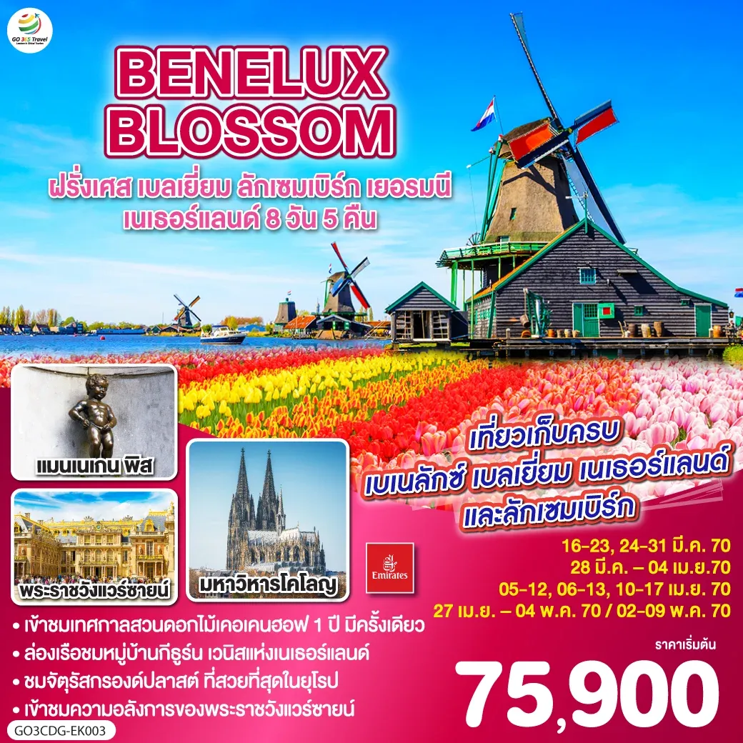 ทัวร์เบเนลักซ์ BENELUX BLOSSOM ฝรั่งเศส เบลเยี่ยม ลักเซมเบิร์ก เยอรมนี เนเธอร์แลนด์ 8วัน 5คืน (EK)